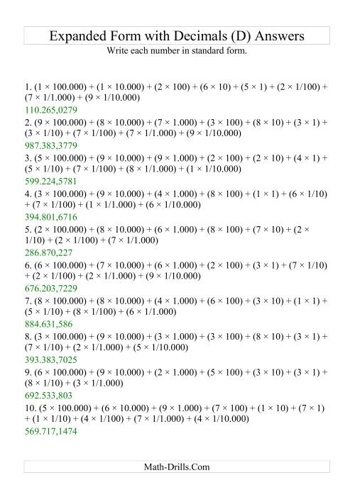 The Writing Expanded Numbers in Standard Form (6 digits before decimal; 4 after) (D) Math Worksheet Page 2