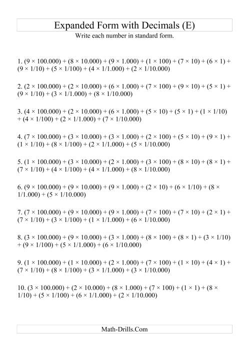 The Writing Expanded Numbers in Standard Form (6 digits before decimal; 4 after) (E) Math Worksheet