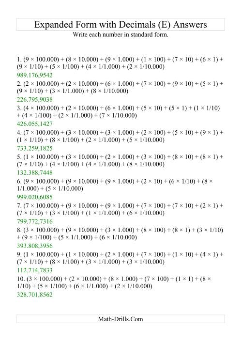 The Writing Expanded Numbers in Standard Form (6 digits before decimal; 4 after) (E) Math Worksheet Page 2