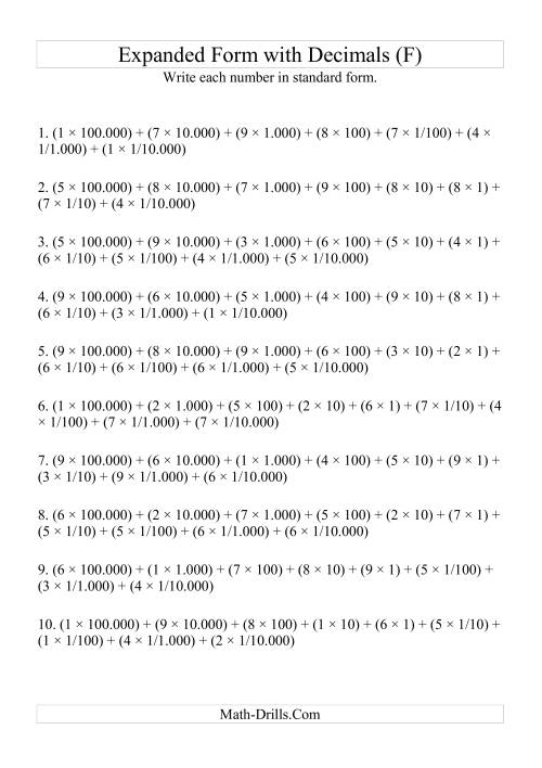 The Writing Expanded Numbers in Standard Form (6 digits before decimal; 4 after) (F) Math Worksheet