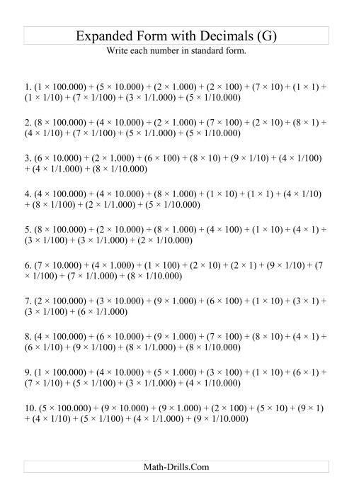 The Writing Expanded Numbers in Standard Form (6 digits before decimal; 4 after) (G) Math Worksheet