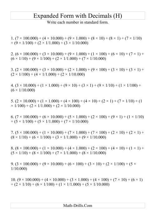 The Writing Expanded Numbers in Standard Form (6 digits before decimal; 4 after) (H) Math Worksheet