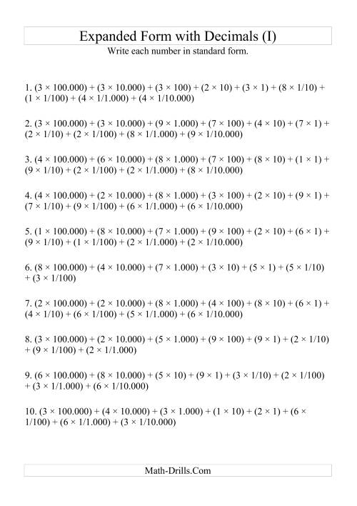 The Writing Expanded Numbers in Standard Form (6 digits before decimal; 4 after) (I) Math Worksheet