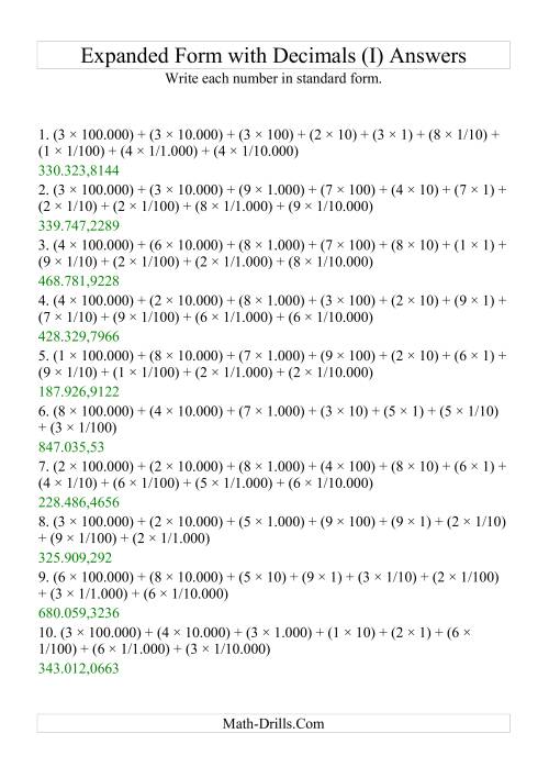 The Writing Expanded Numbers in Standard Form (6 digits before decimal; 4 after) (I) Math Worksheet Page 2