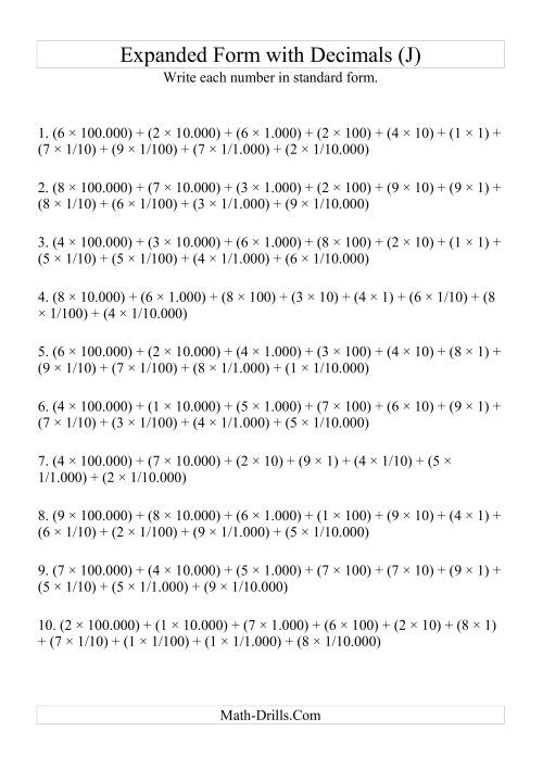 The Writing Expanded Numbers in Standard Form (6 digits before decimal; 4 after) (J) Math Worksheet