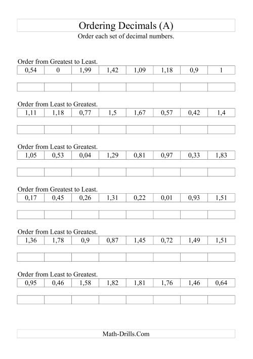 The Sorting/Ordering Decimals to Hundredths (A) Math Worksheet