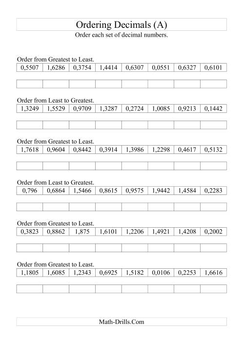 The Sorting/Ordering Decimals to Ten Thousandths (A) Math Worksheet