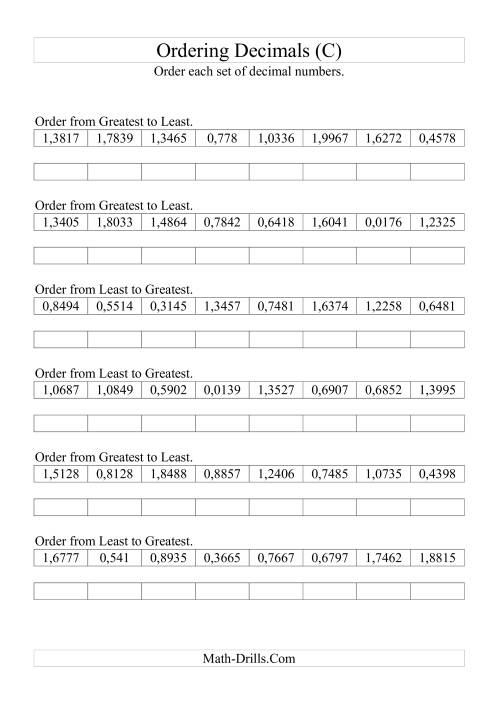 The Sorting/Ordering Decimals to Ten Thousandths (C) Math Worksheet
