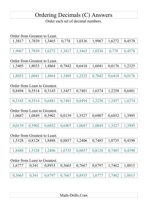 The Sorting/Ordering Decimals to Ten Thousandths (C) Math Worksheet Page 2
