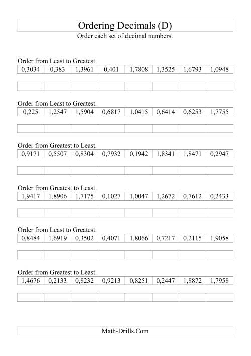 The Sorting/Ordering Decimals to Ten Thousandths (D) Math Worksheet