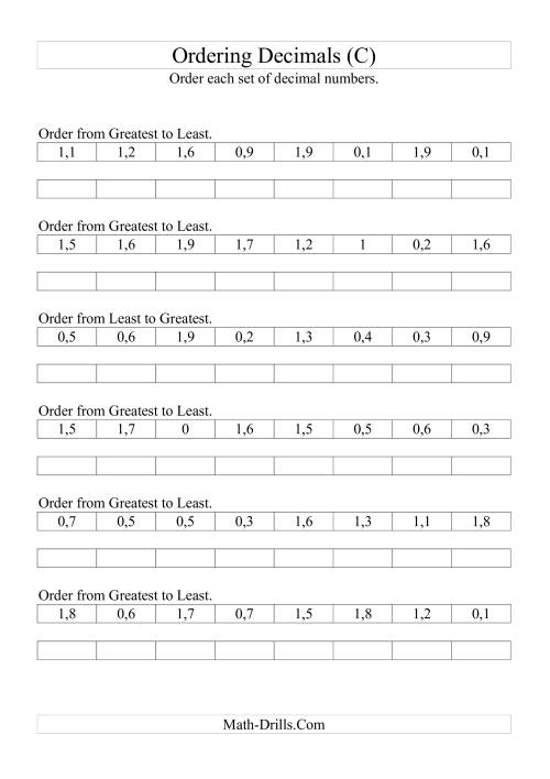 The Sorting/Ordering Decimals to Tenths (C) Math Worksheet