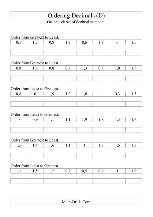 The Sorting/Ordering Decimals to Tenths (D) Math Worksheet
