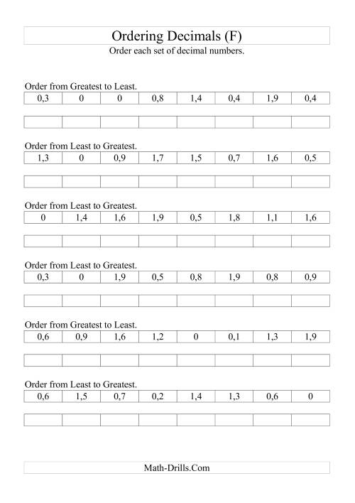 The Sorting/Ordering Decimals to Tenths (F) Math Worksheet