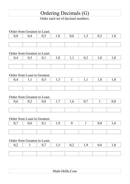 The Sorting/Ordering Decimals to Tenths (G) Math Worksheet