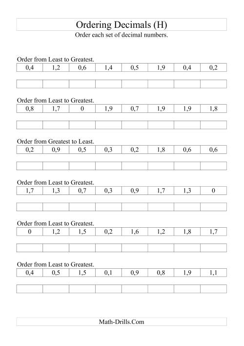 The Sorting/Ordering Decimals to Tenths (H) Math Worksheet