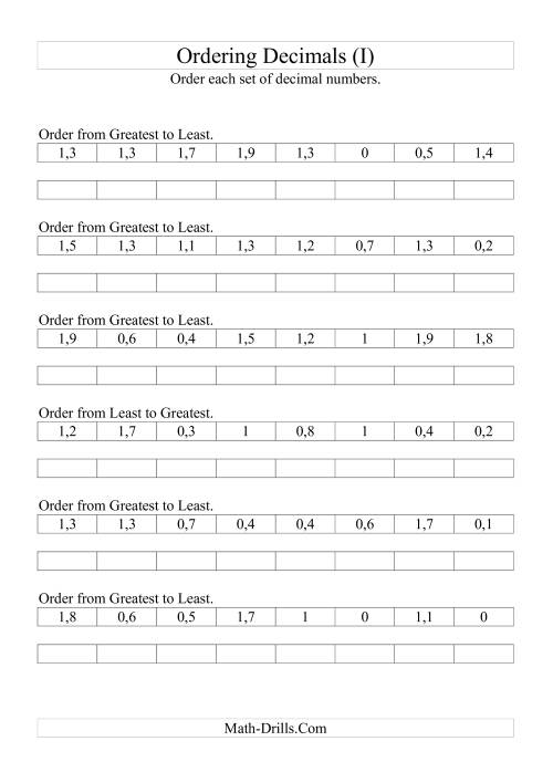 The Sorting/Ordering Decimals to Tenths (I) Math Worksheet