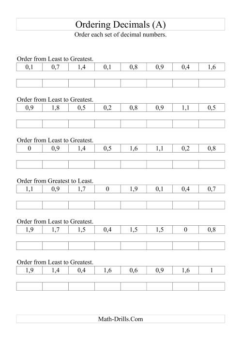 The Sorting/Ordering Decimals to Tenths (All) Math Worksheet