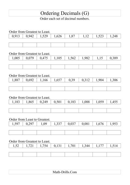 The Sorting/Ordering Decimals to Thousandths (G) Math Worksheet