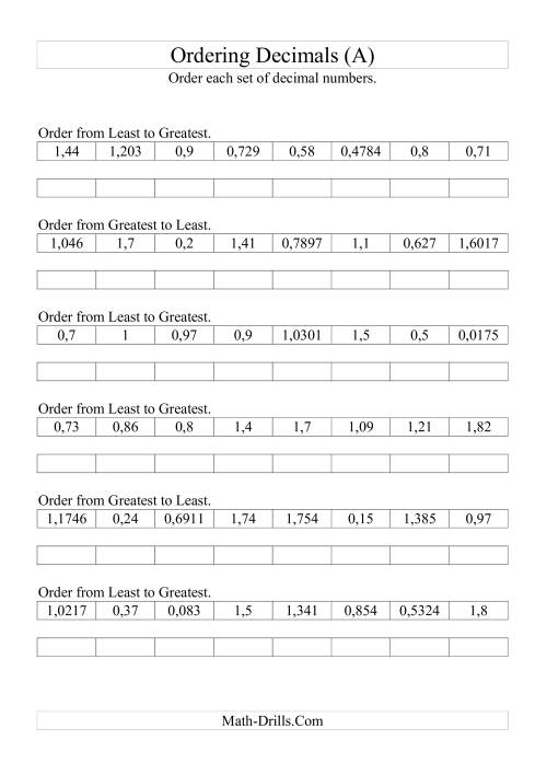 The Sorting/Ordering Decimals with Various Decimal Places (A) Math Worksheet