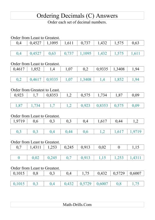 The Sorting/Ordering Decimals with Various Decimal Places (C) Math Worksheet Page 2