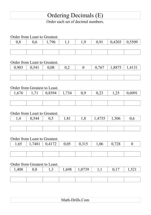 The Sorting/Ordering Decimals with Various Decimal Places (E) Math Worksheet