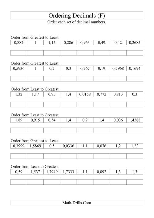 The Sorting/Ordering Decimals with Various Decimal Places (F) Math Worksheet
