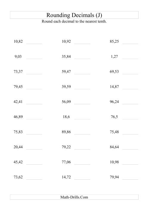 The Rounding Hundredths to Tenths (J) Math Worksheet