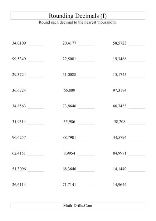 The Rounding Ten Thousandths to Thousandths (I) Math Worksheet