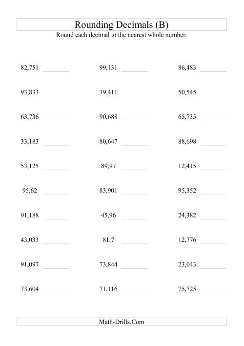 The RoundingThousandths to Whole Numbers (B) Math Worksheet