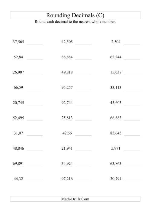 The RoundingThousandths to Whole Numbers (C) Math Worksheet