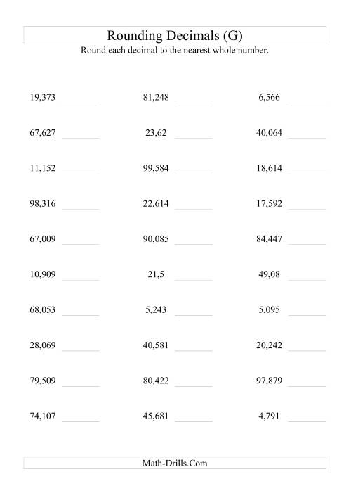 The RoundingThousandths to Whole Numbers (G) Math Worksheet