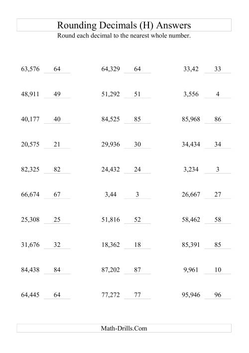 The RoundingThousandths to Whole Numbers (H) Math Worksheet Page 2