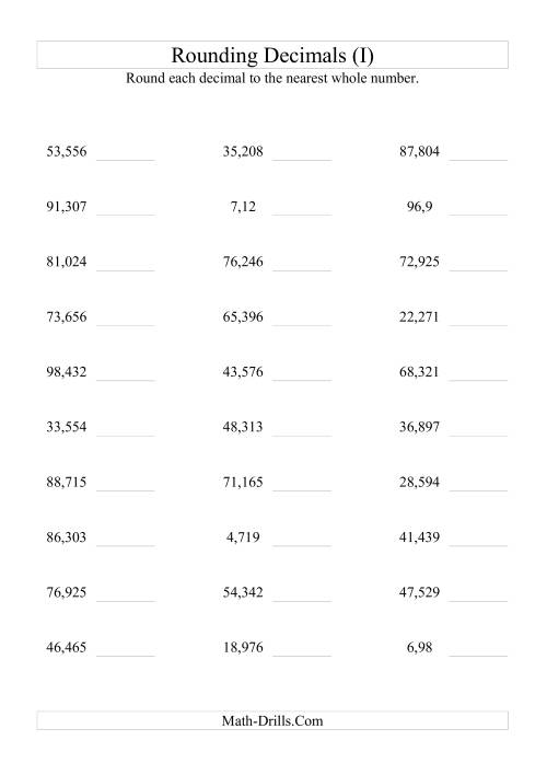 The RoundingThousandths to Whole Numbers (I) Math Worksheet