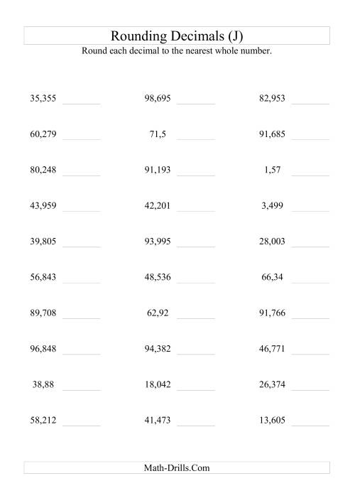 The RoundingThousandths to Whole Numbers (J) Math Worksheet