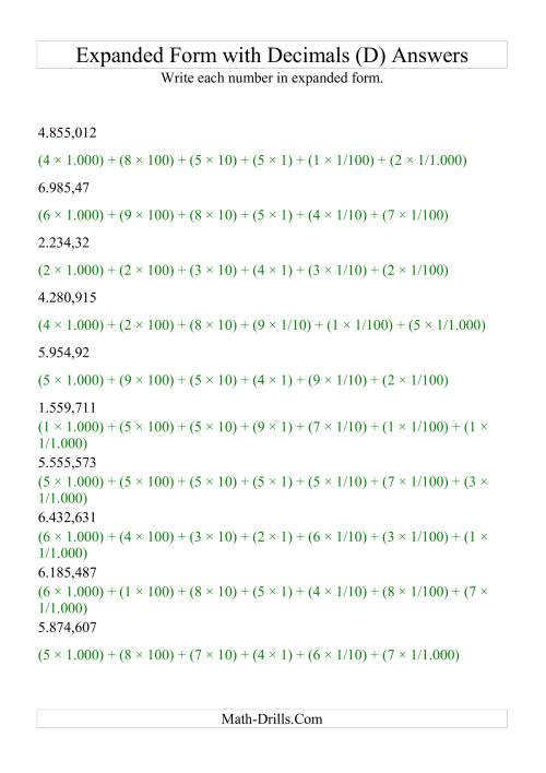 The Writing Standard Numbers in Expanded Form (4 digits before decimal; 3 after) (D) Math Worksheet Page 2