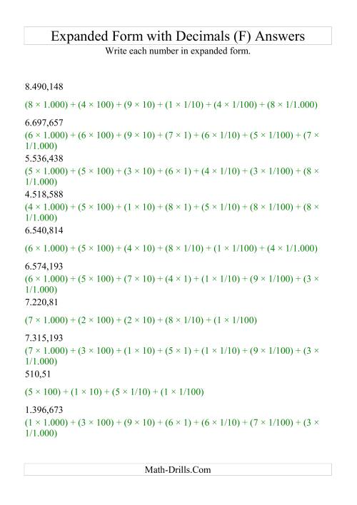 The Writing Standard Numbers in Expanded Form (4 digits before decimal; 3 after) (F) Math Worksheet Page 2
