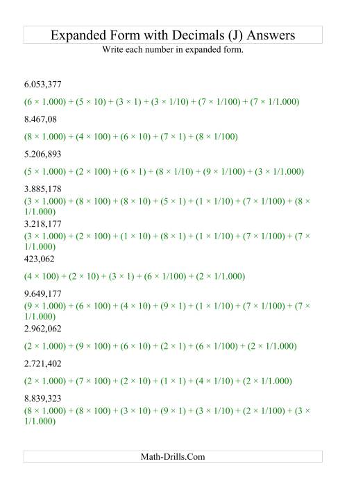 The Writing Standard Numbers in Expanded Form (4 digits before decimal; 3 after) (J) Math Worksheet Page 2