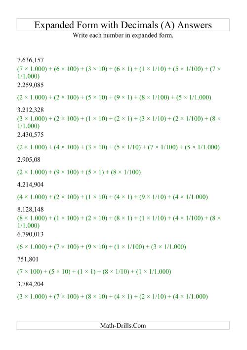 The Writing Standard Numbers in Expanded Form (4 digits before decimal; 3 after) (All) Math Worksheet Page 2