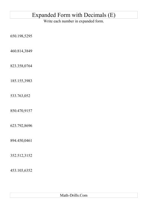 The Writing Standard Numbers in Expanded Form (6 digits before decimal; 4 after) (E) Math Worksheet