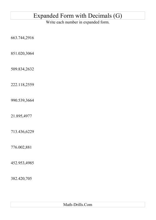 The Writing Standard Numbers in Expanded Form (6 digits before decimal; 4 after) (G) Math Worksheet