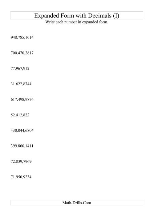 The Writing Standard Numbers in Expanded Form (6 digits before decimal; 4 after) (I) Math Worksheet