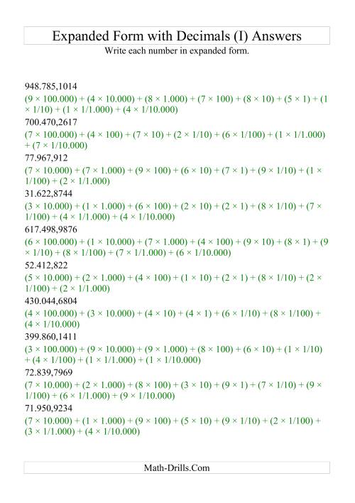 The Writing Standard Numbers in Expanded Form (6 digits before decimal; 4 after) (I) Math Worksheet Page 2