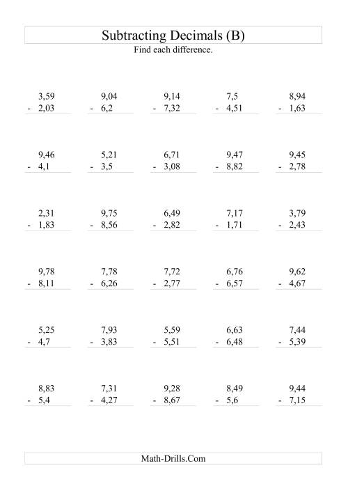 The Subtracting Decimals (Range 1,01 to 9,99) (B) Math Worksheet