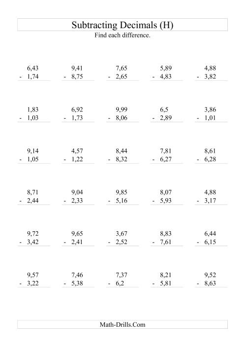 The Subtracting Decimals (Range 1,01 to 9,99) (H) Math Worksheet