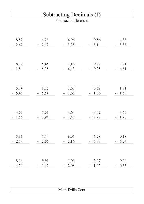 The Subtracting Decimals (Range 1,01 to 9,99) (J) Math Worksheet
