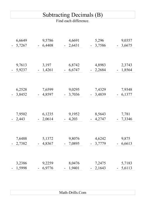 The Subtracting Decimals (Range 1,0001 to 9,9999) (B) Math Worksheet