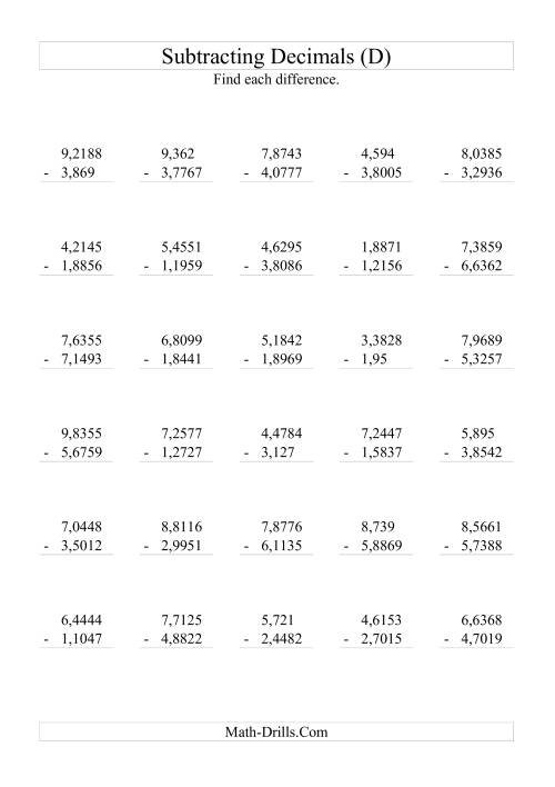 The Subtracting Decimals (Range 1,0001 to 9,9999) (D) Math Worksheet