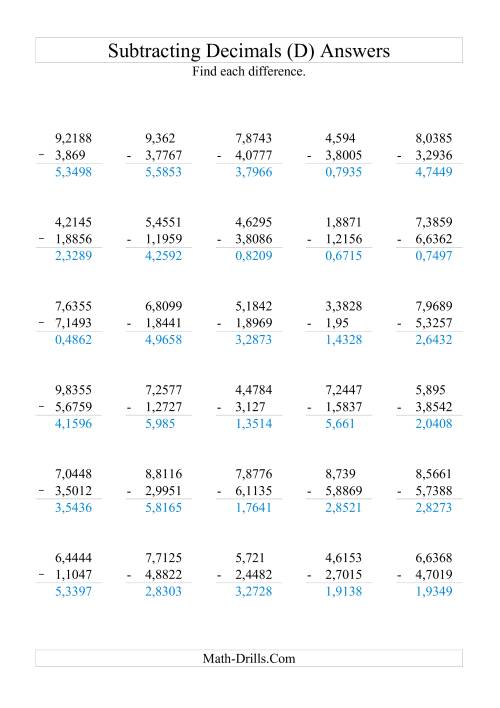 The Subtracting Decimals (Range 1,0001 to 9,9999) (D) Math Worksheet Page 2