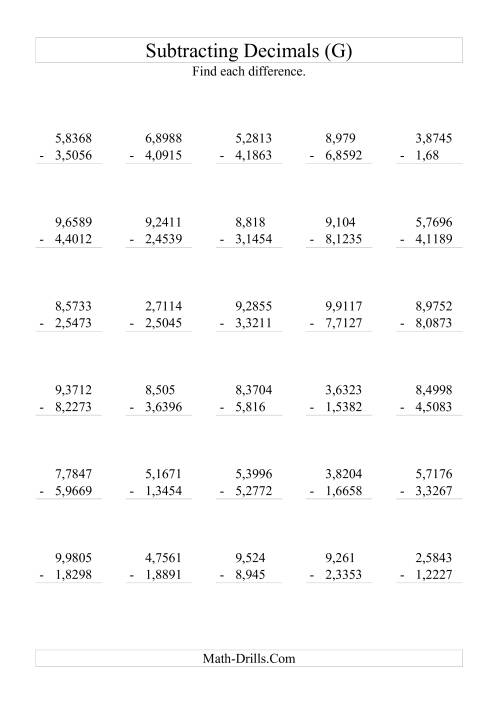 The Subtracting Decimals (Range 1,0001 to 9,9999) (G) Math Worksheet