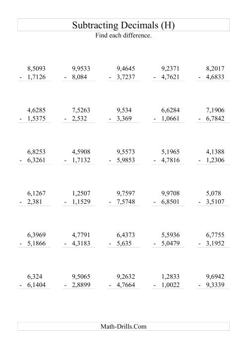 The Subtracting Decimals (Range 1,0001 to 9,9999) (H) Math Worksheet